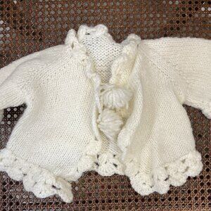 Vintage Unisex Hand Knit Baby Sweater White with Pom Pons